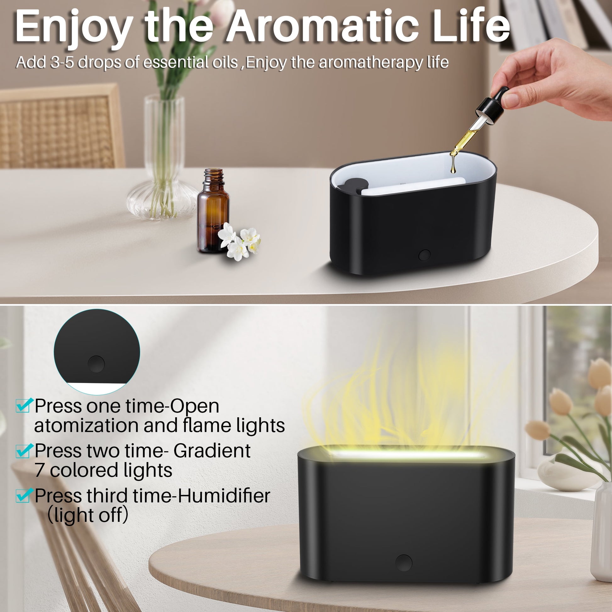 Essential Oil Diffuser Aromatherapy Aroma Air Diffuser with Flame Light , Black